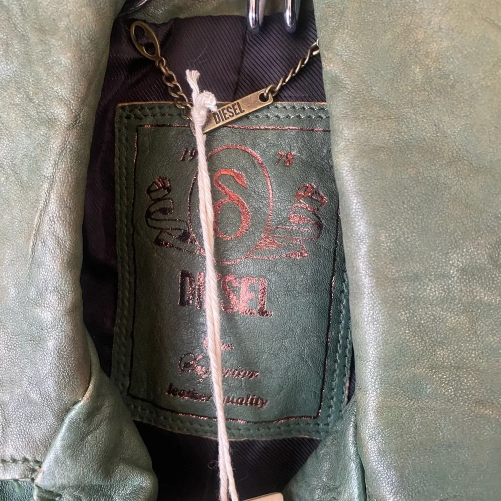 Diesel Distressed Dark Green Leather Premise Beaded Moto Jacket - Picture 5 of 14